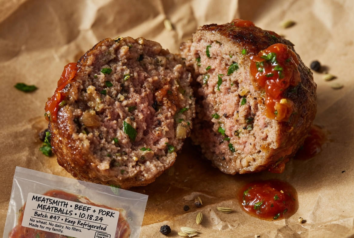 Freshly cooked MEATSMITH meatballs